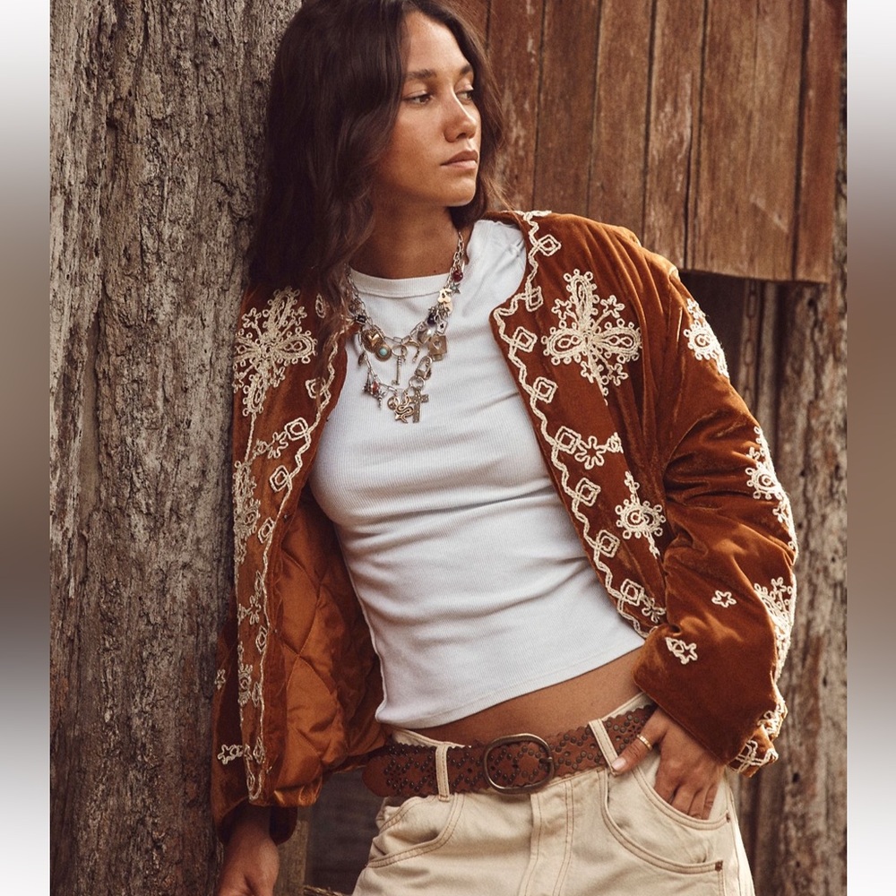 We The Free Rust Velvet Embroidered Jacket with Cream Lace - Picture 3 of 8
